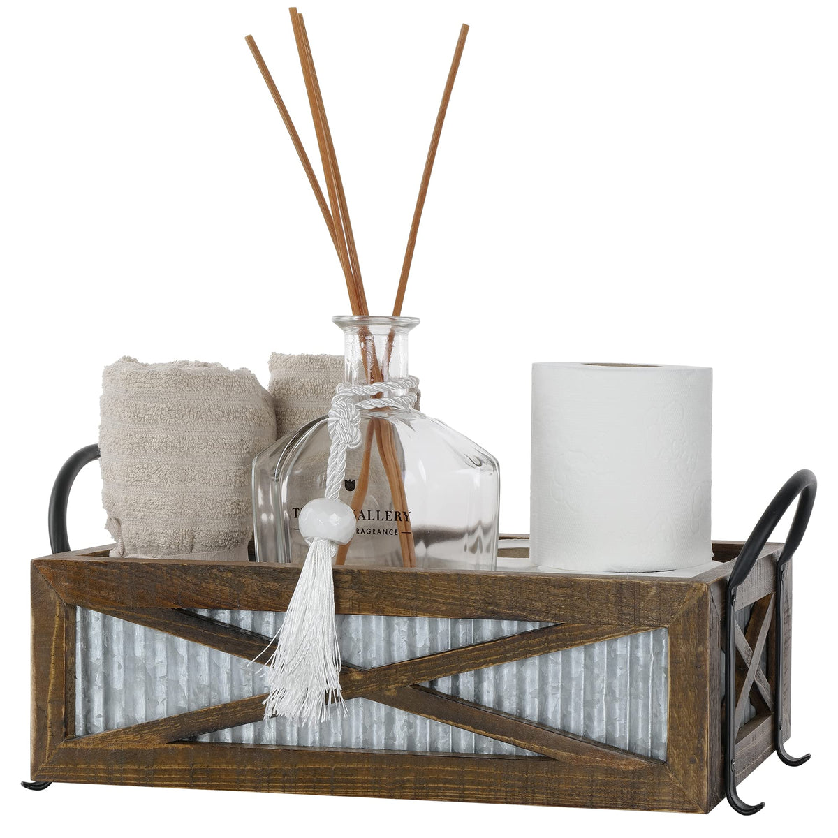 Autumn Alley farmhouse toilet paper basket mounted behind the toilet for easy access