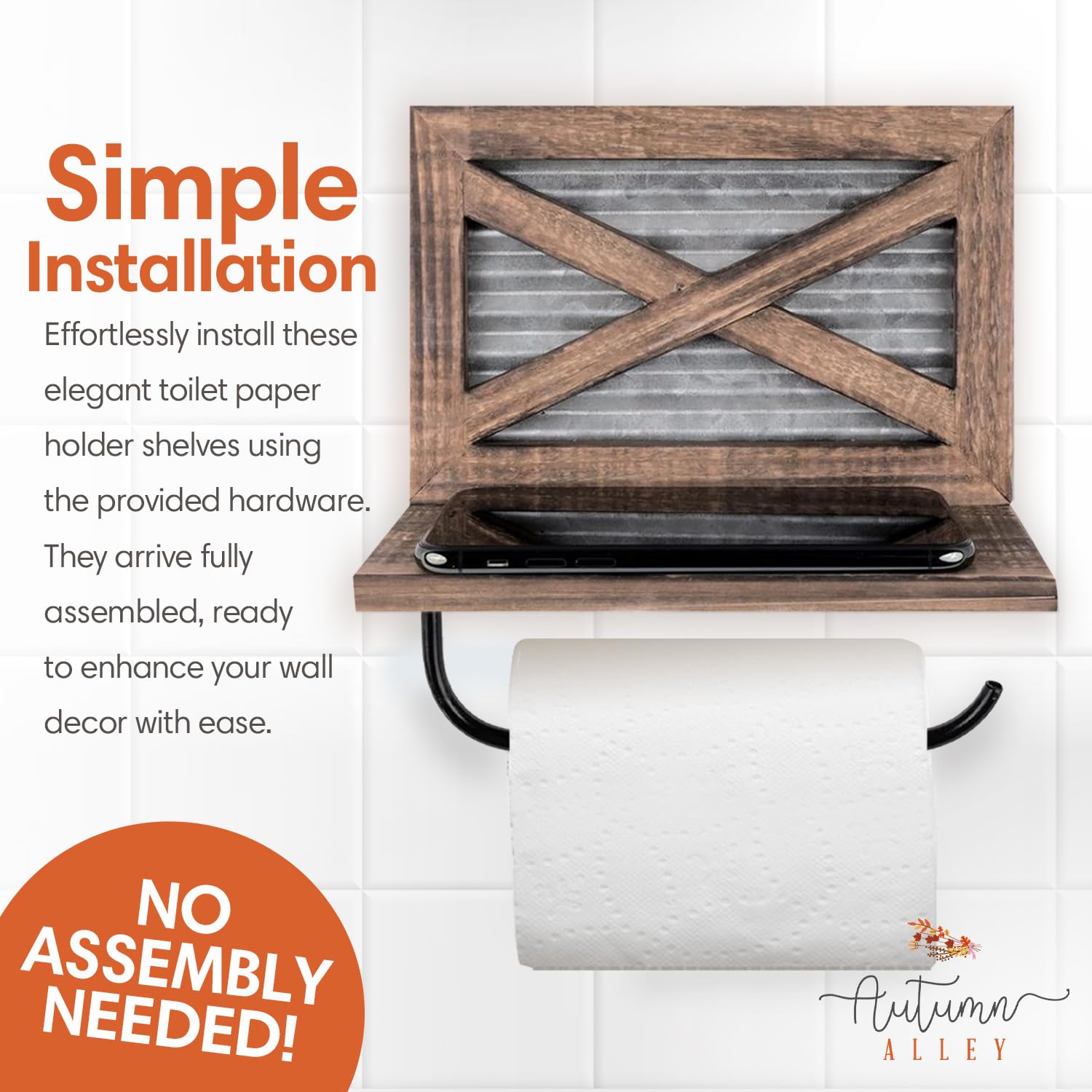 Autumn Alley rustic bathroom accessory with shelf doubles as wipe storage.