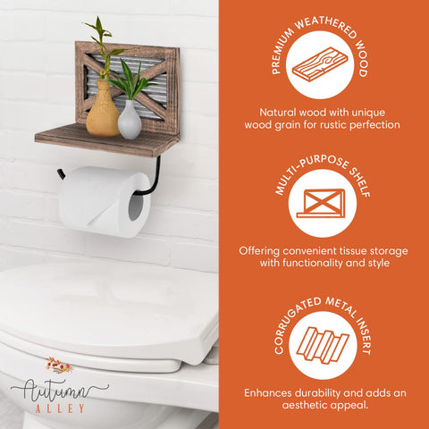 Autumn Alley rustic bathroom shelf with rolls and toiletries storage keeps essentials close.