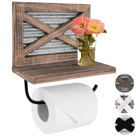 Autumn Alley rustic toilet paper holder with shelf displays weathered wood and galvanized metal for rustic charm.