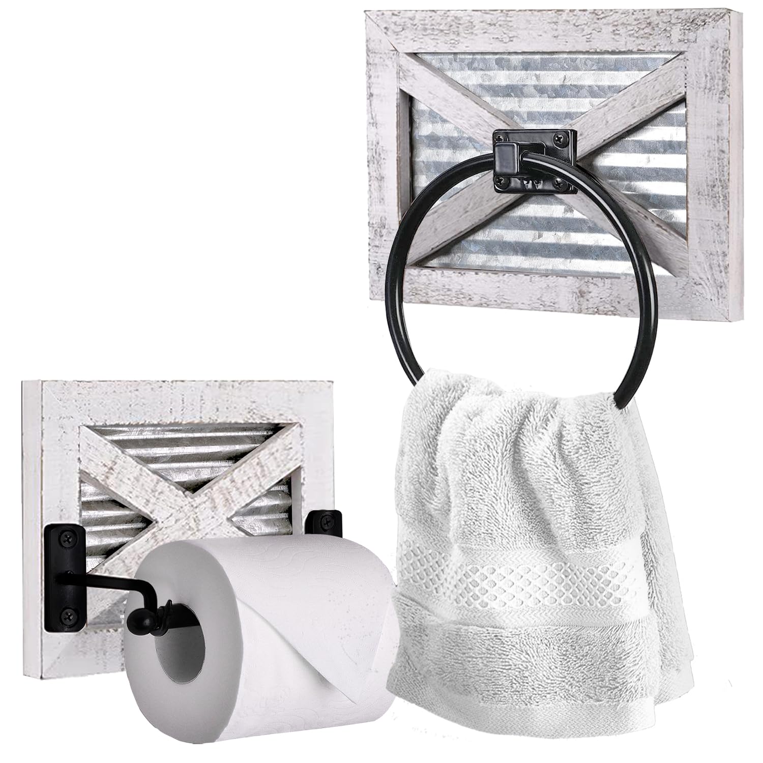 Autumn Alley farmhouse toilet paper holder with rustic white wood and metal hardware.