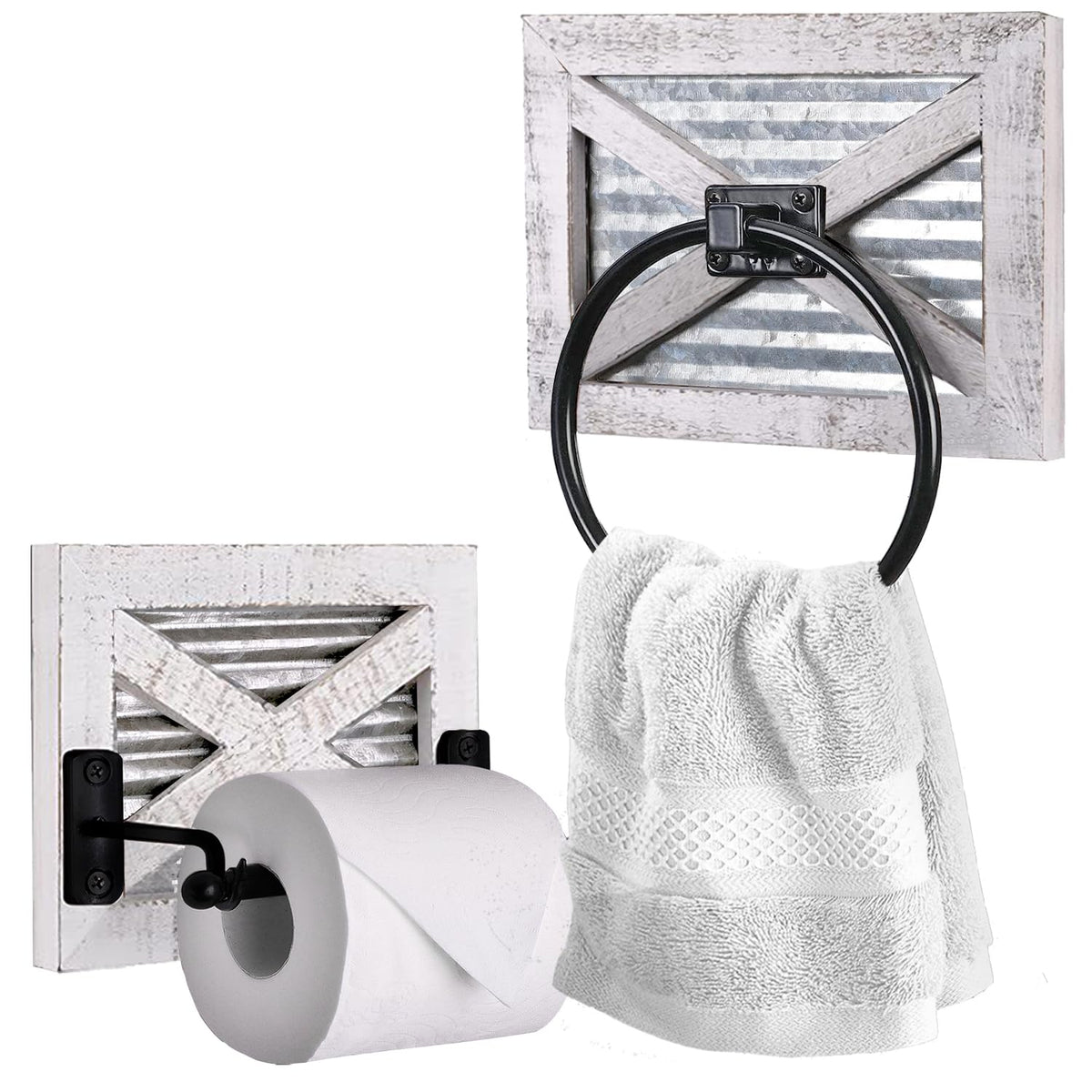 Autumn Alley farmhouse toilet paper holder with rustic white wood and metal hardware.