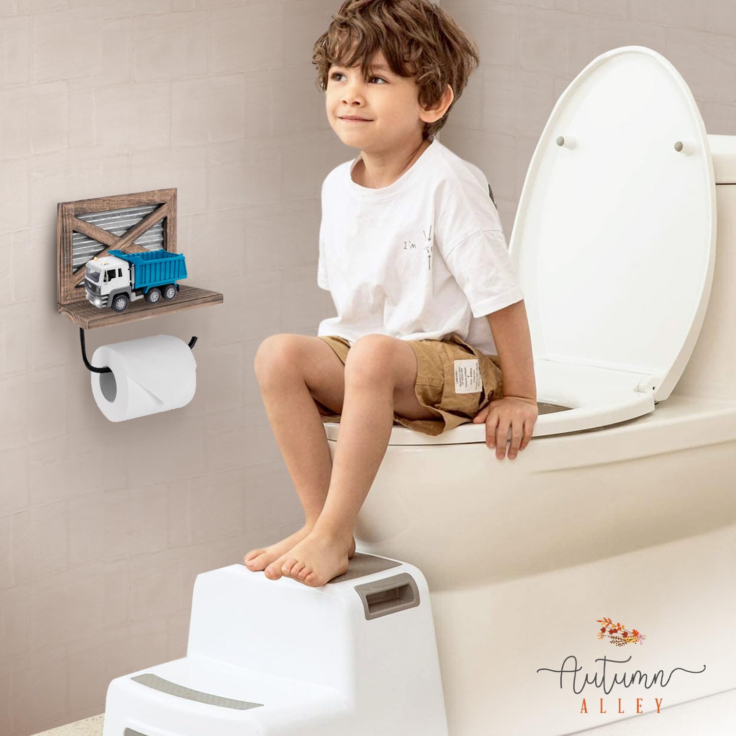 Autumn Alley wall-mounted toilet paper holder close-up highlights matte black bar for easy roll changes.
