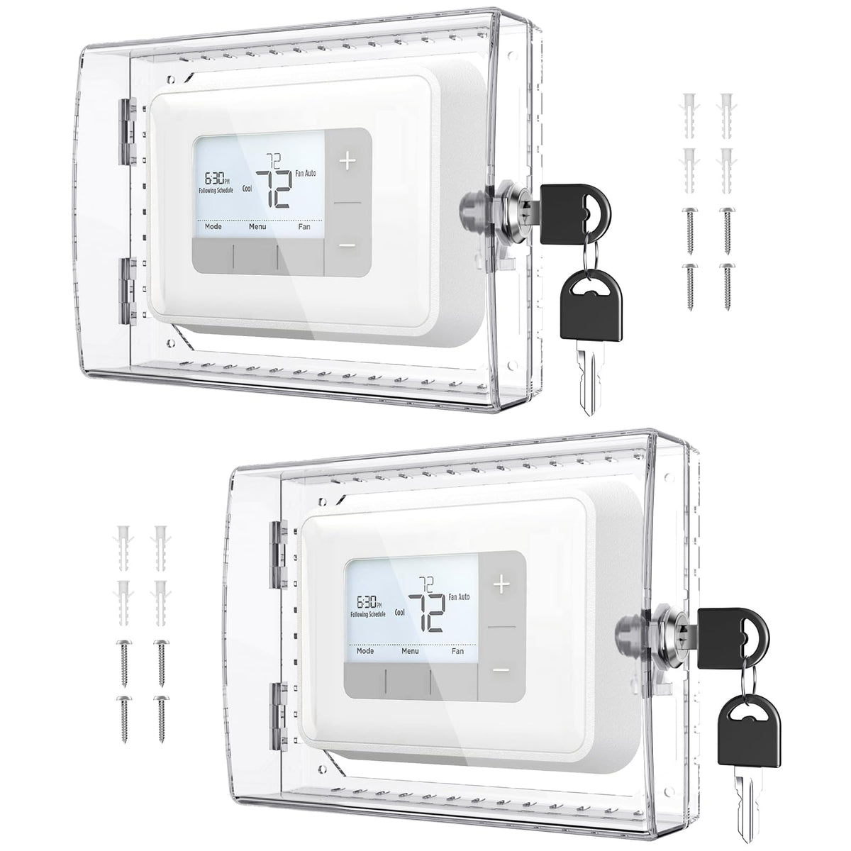 AUURIO thermostat lock box with clear cover on wall showing tamper protection and readability.