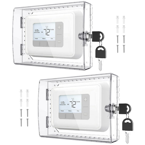 AUURIO thermostat lock box with clear cover on wall showing tamper protection and readability.