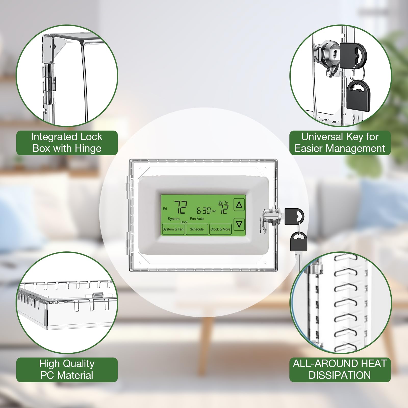 AUURIO thermostat lock box mounted horizontally for flexible placement in rooms.