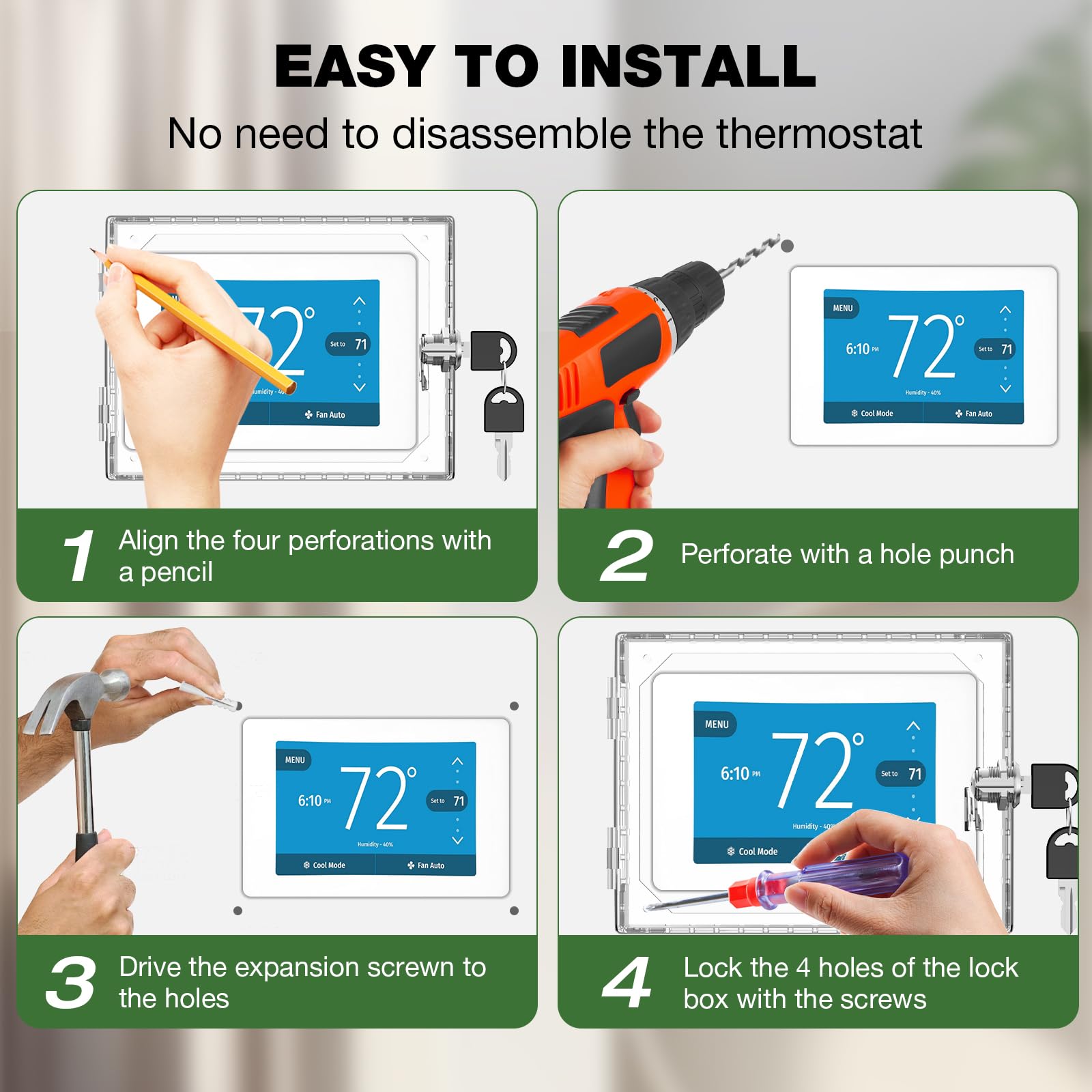 AUURIO thermostat lock box mounted vertically with quick access using two keys.