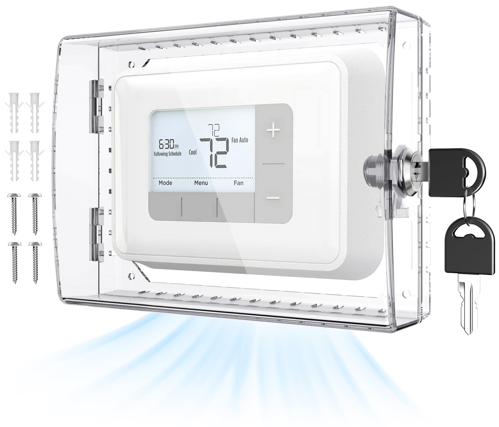 AUURIO front view of upgraded thermostat lock box shows clear protection and key access