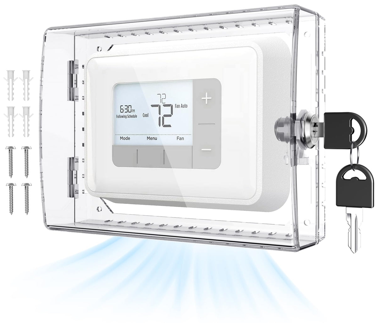 AUURIO front view of upgraded thermostat lock box shows clear protection and key access