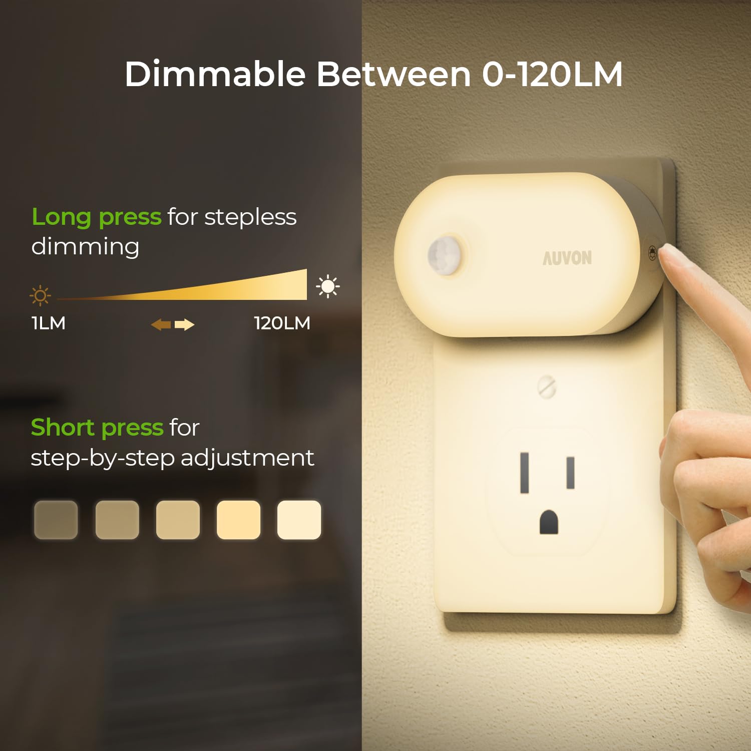 AUVON night light offers five brightness levels from 0 to 120 lumens