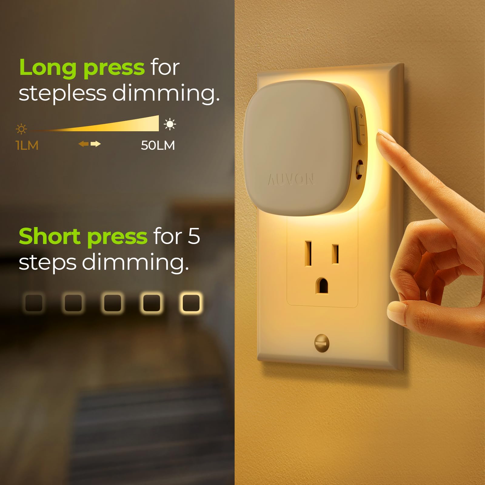 AUVON dimmable brightness from 1 to 50 lumens for tailored lighting.