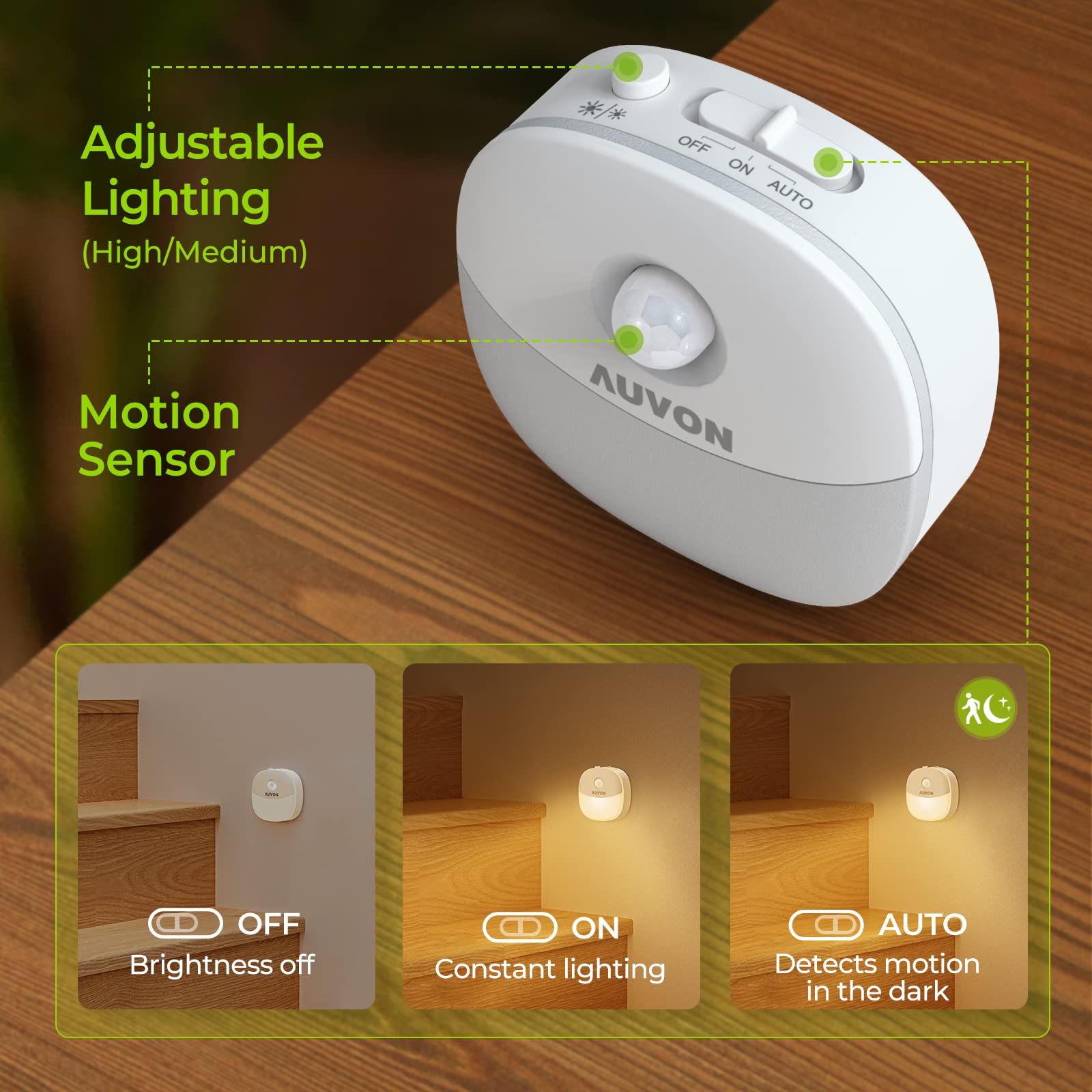 AUVON dusk-to-dawn night light sensor activating as dusk falls