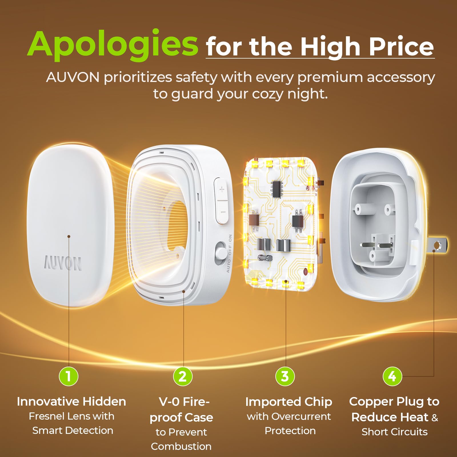 AUVON night light with fire-resistant shell and over-current protection for safety.