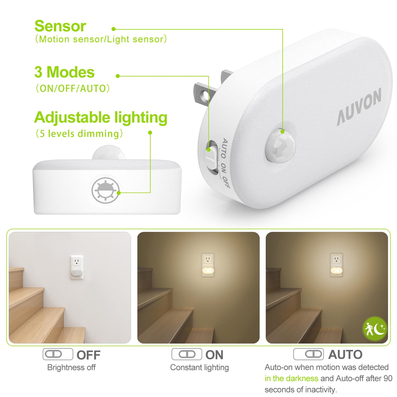 AUVON LED night light dimmable with top button for adjustable brightness