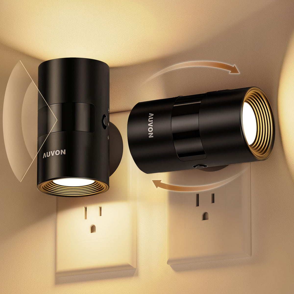 AUVON LED night light plugged in with 90° rotation for versatile hallway lighting.