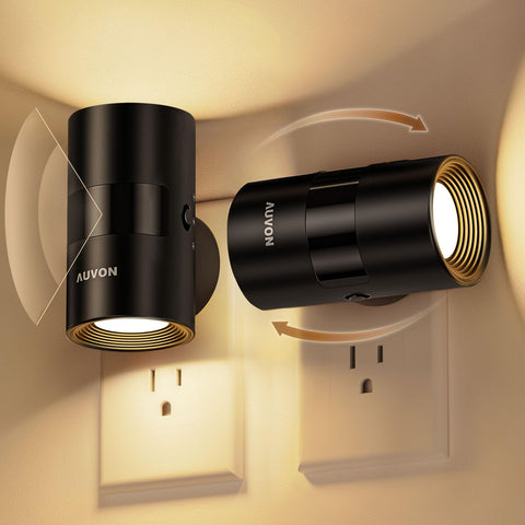 AUVON LED night light plugged in with 90° rotation for versatile hallway lighting.