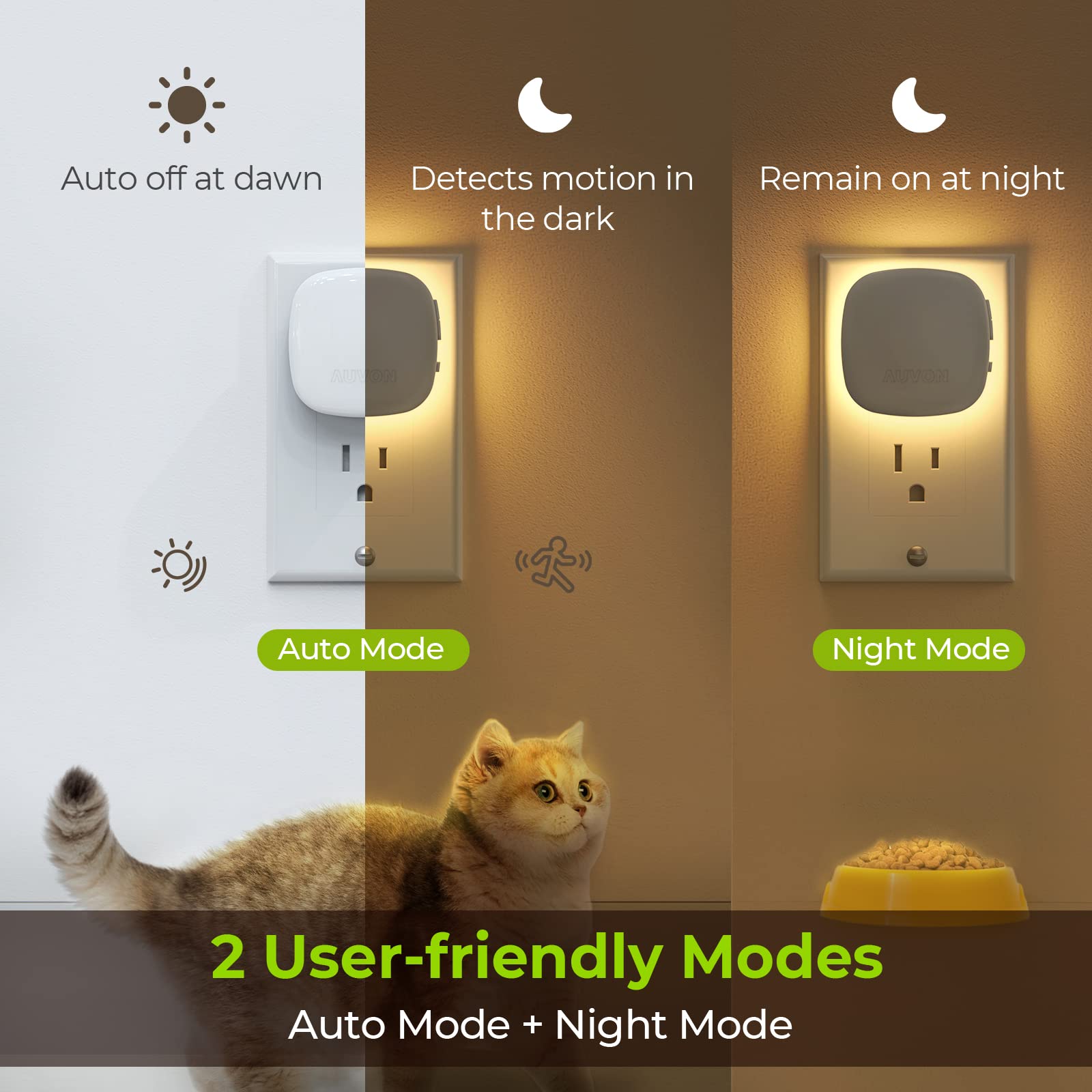 AUVON night light in dusk-to-dawn mode turning on in dark room.