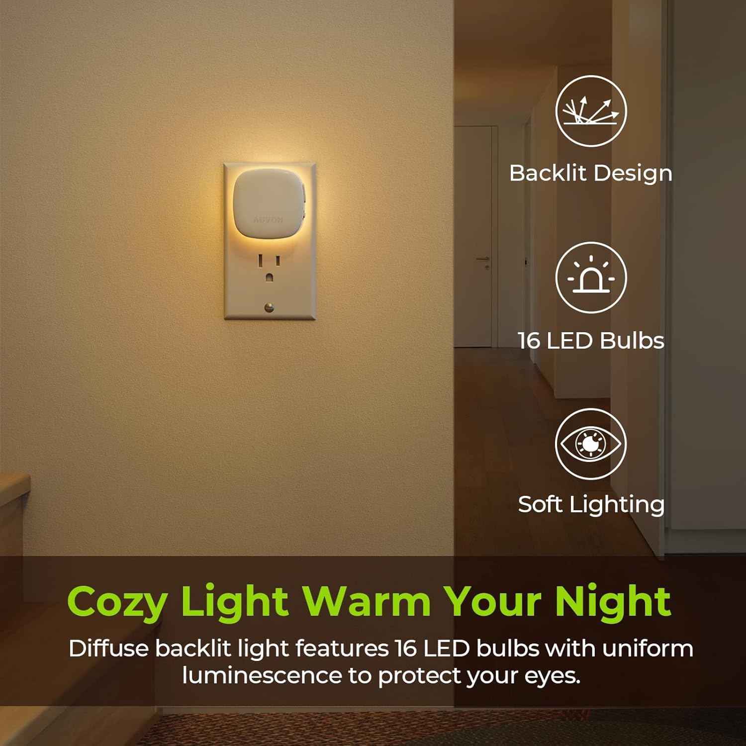 AUVON night light demonstrates motion sensor activation in hallway at dusk.