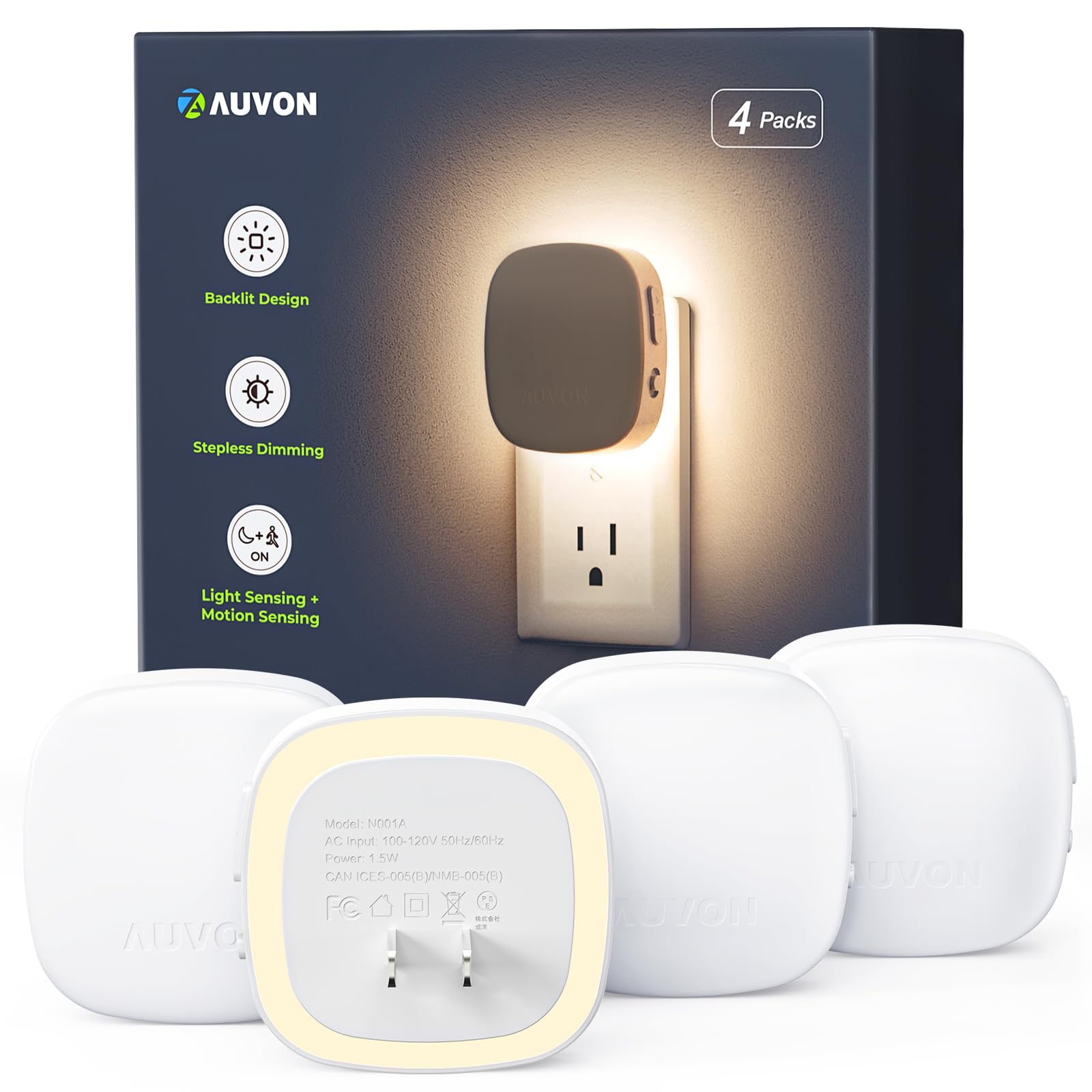AUVON plug-in night light with diffuse backlit design for gentle wall illumination.