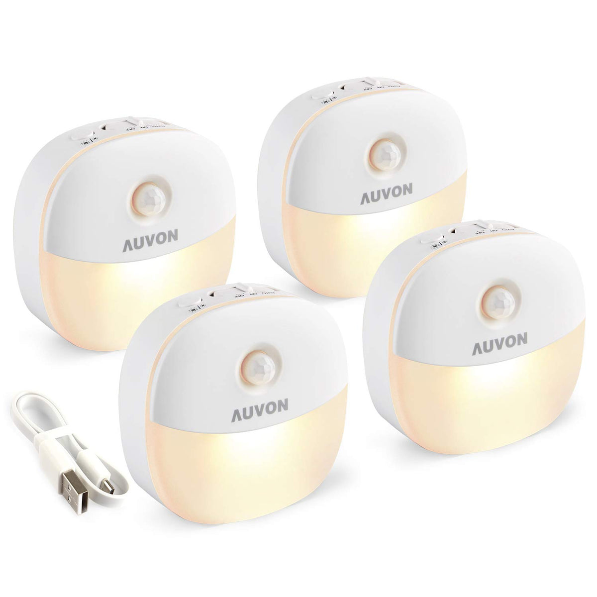 AUVON rechargeable night light mini with motion sensor emitting warm white light along a hallway