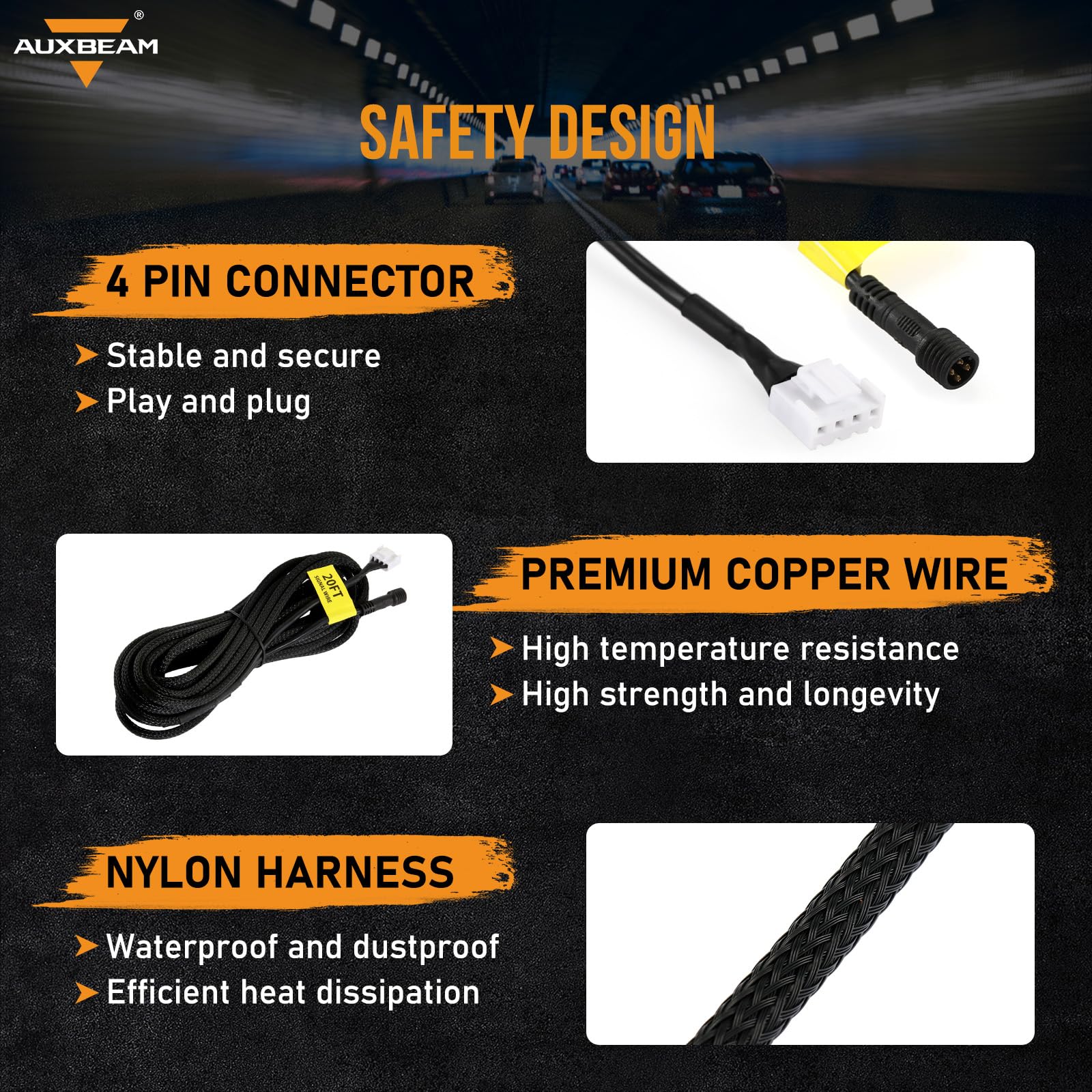 Auxbeam thick hard-wire with EMI/RF protection for reliable performance.