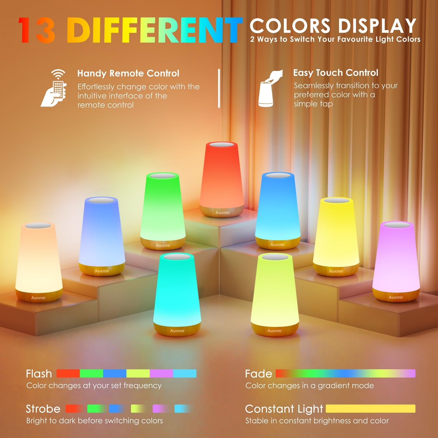 Auxmir night light displaying 13 colors for versatile ambiance.