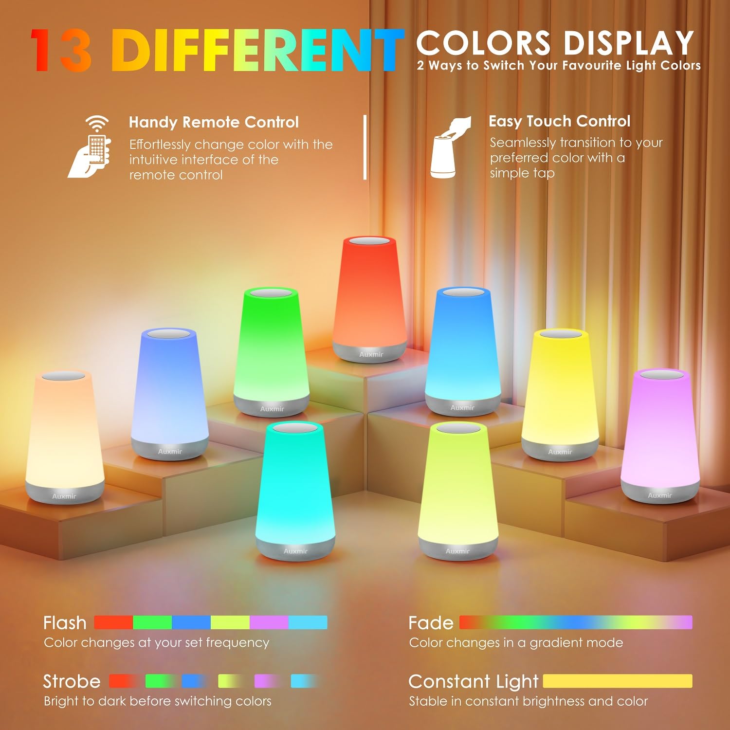 Auxmir night light displaying 13 color options for customizable ambiance.