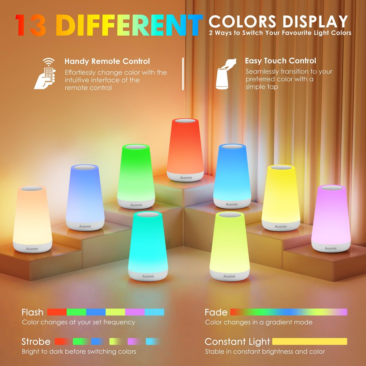 Auxmir night light displaying 13 colors and 4 dynamic modes for ambiance