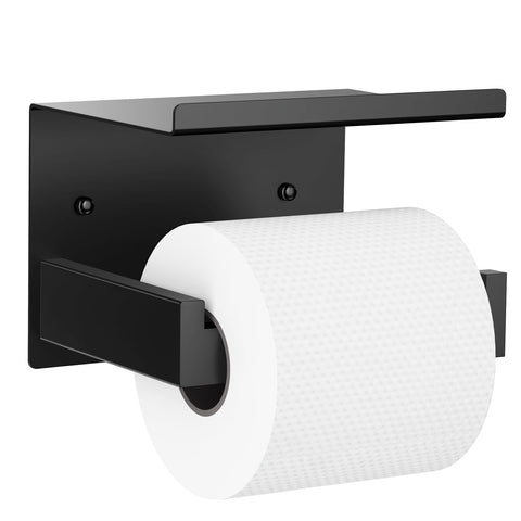 Auxmir matte black toilet roll holder with shelf shows convenient storage.