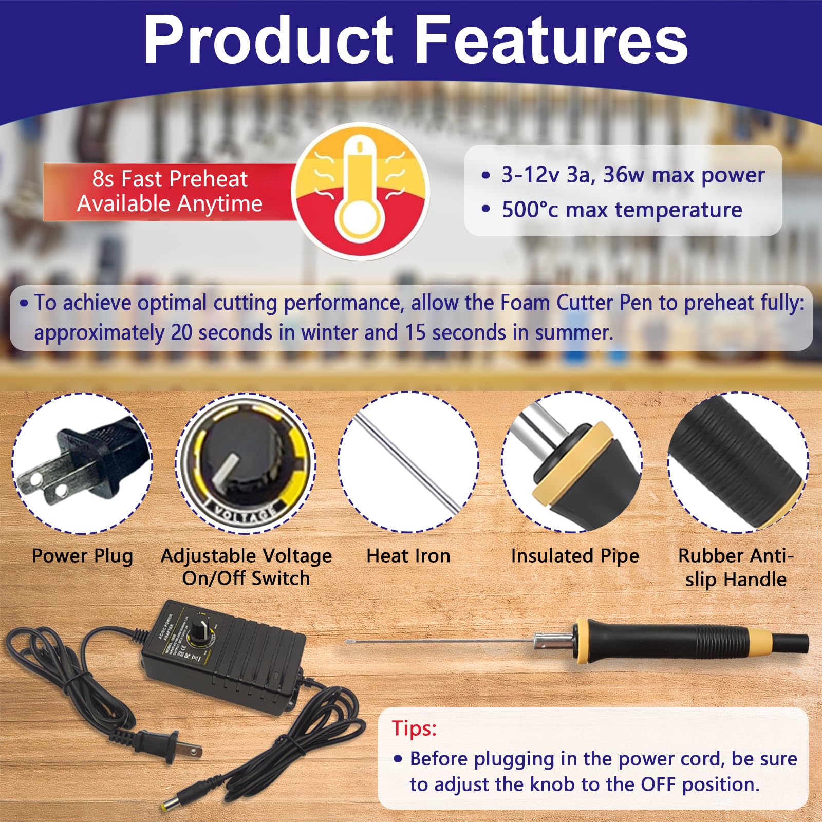 Auxruen power adapter with 9-36W adjustable control