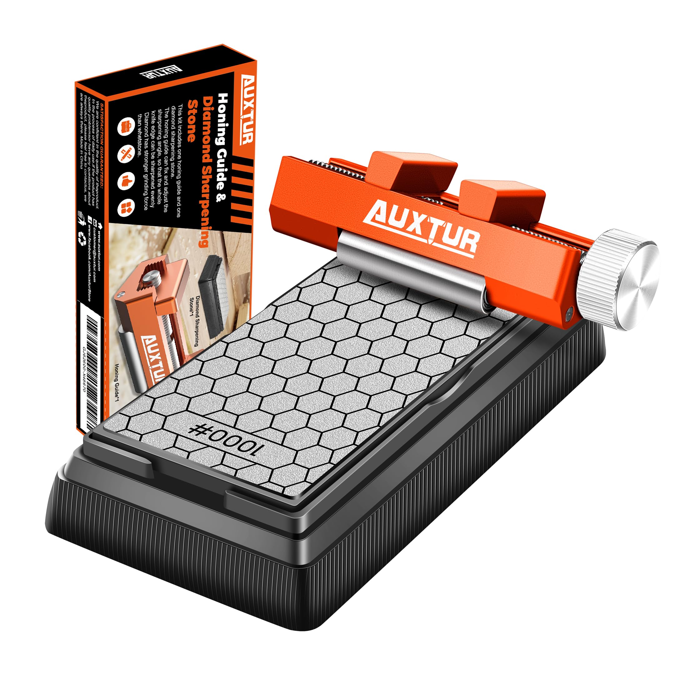 AUXTUR sharpening stone with honing guide in action for precise edge shaping.