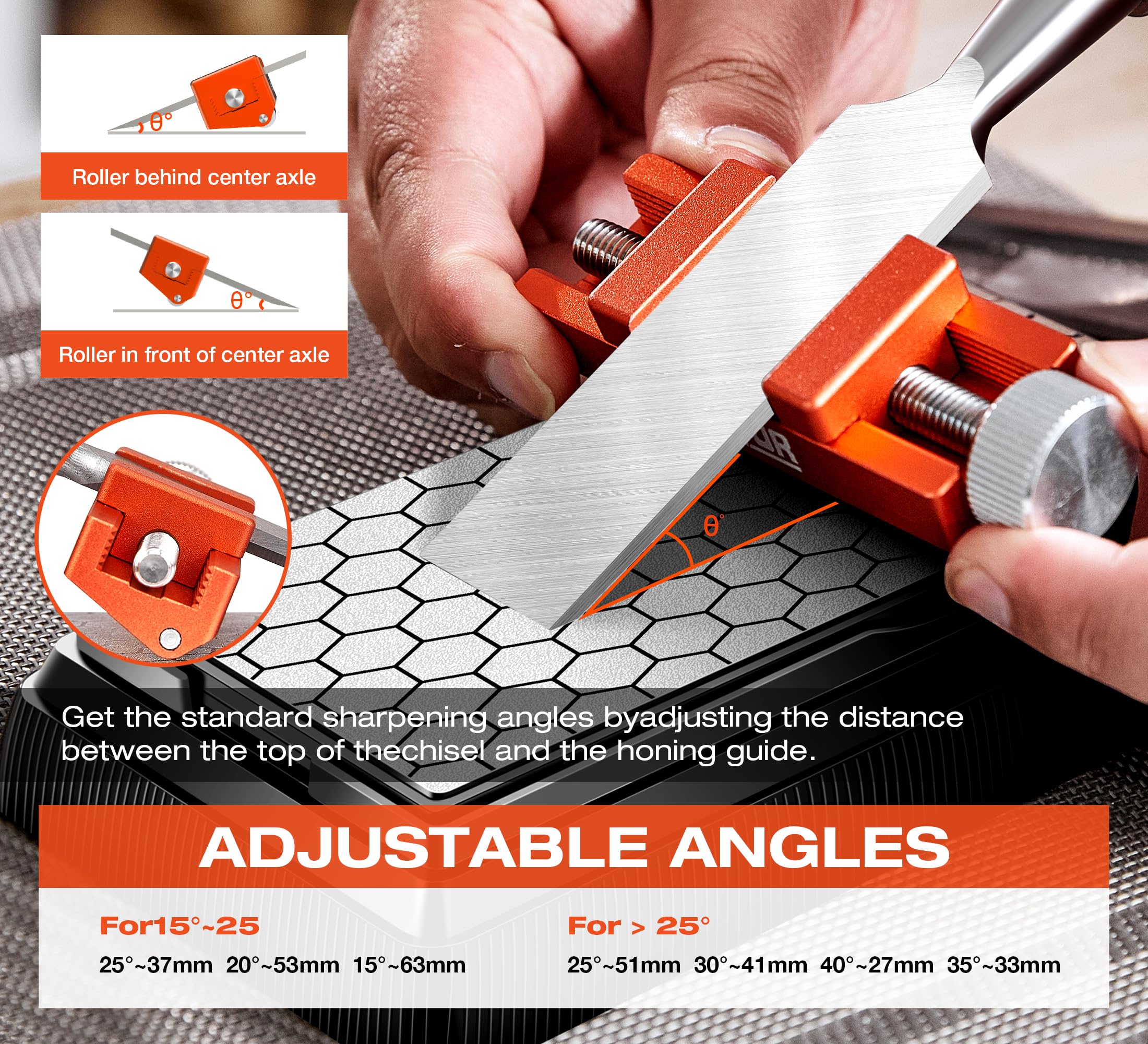 AUXTUR wide-roller design stabilized sharpening with larger contact.
