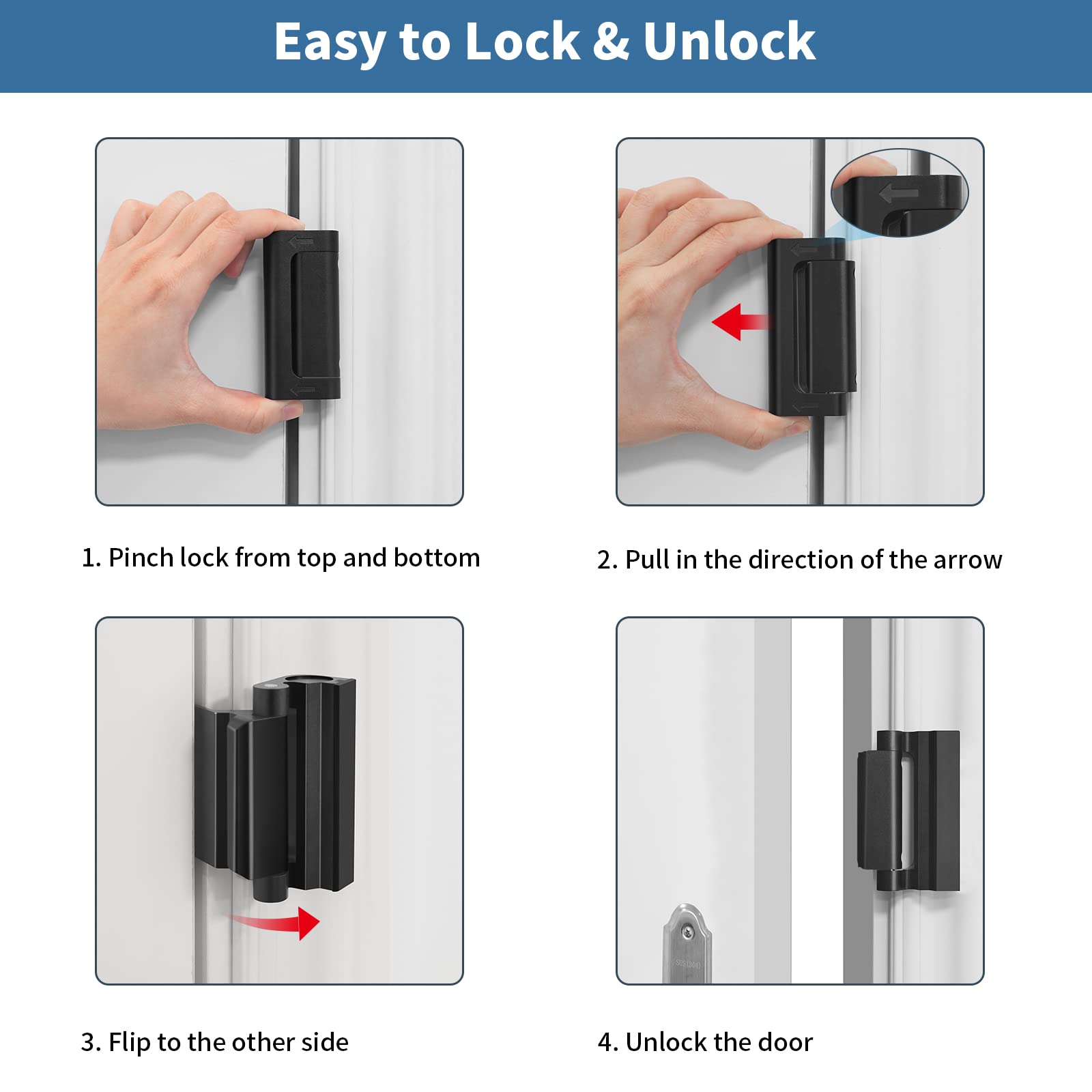 Auzev door security latch grip design with two grooves and arrows