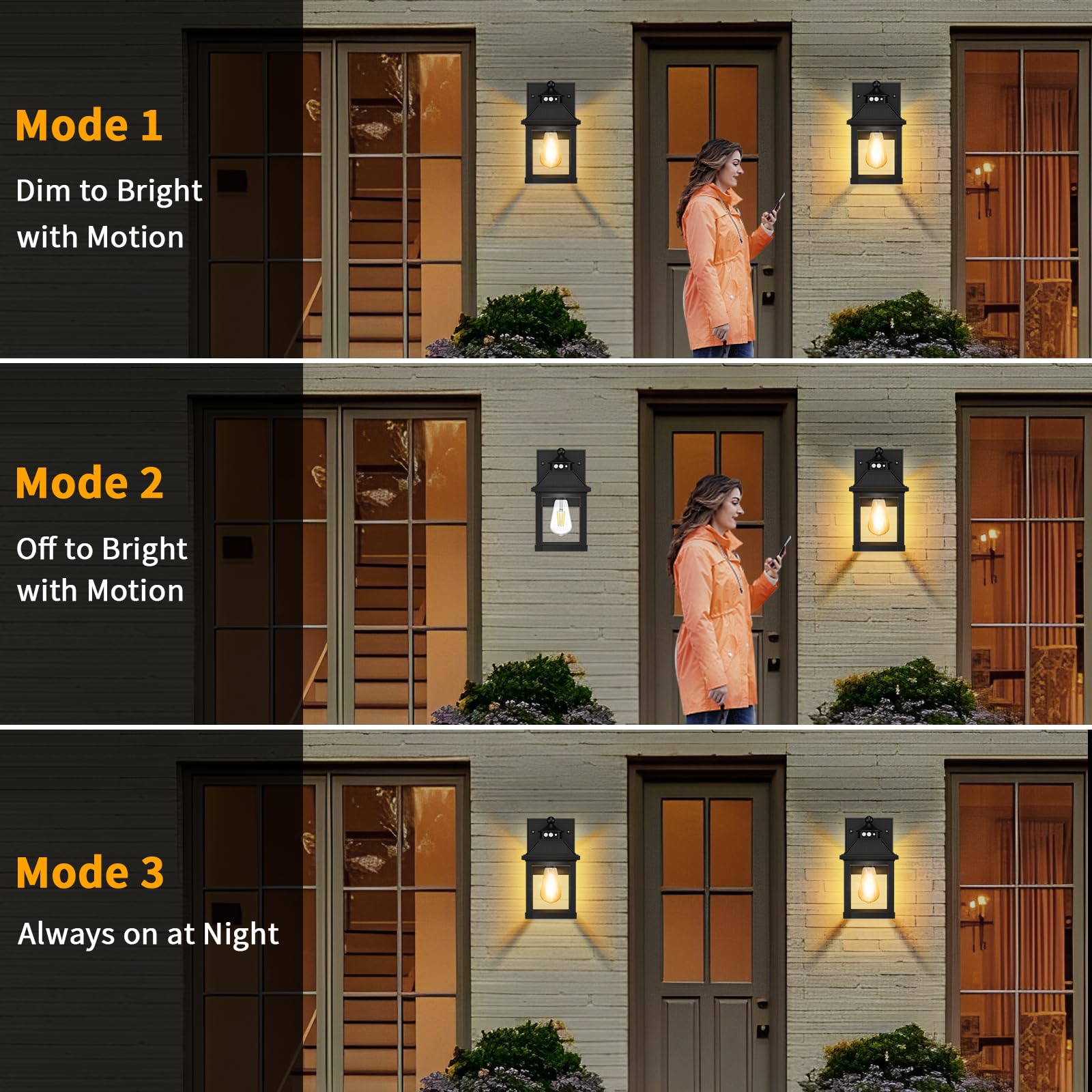 Auzev outdoor wall lantern with warm 3000K glow near a door.