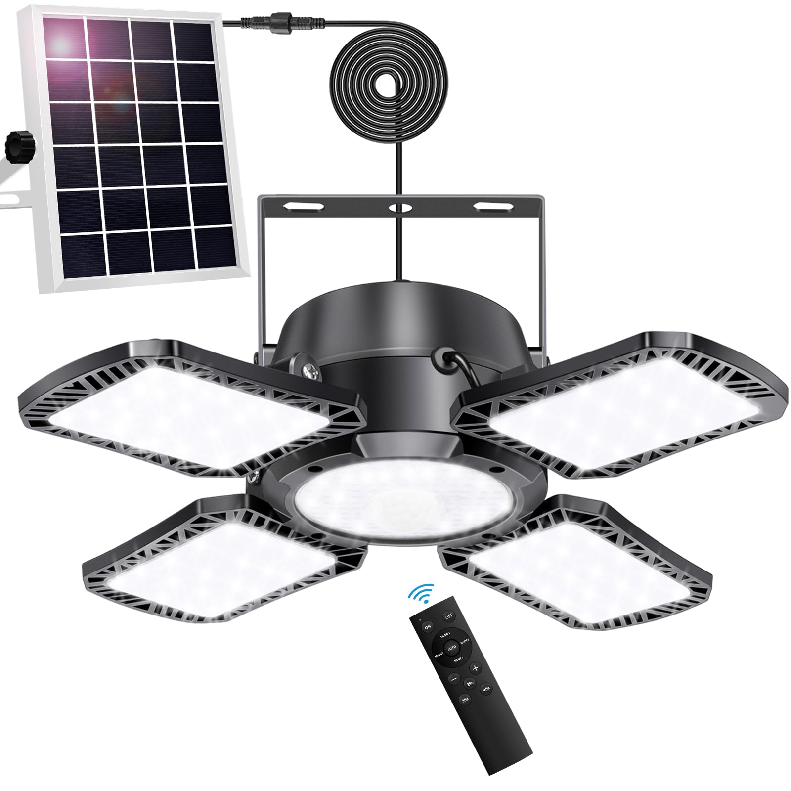 Auzev solar shed light with 176-LED panel illuminates a workspace.
