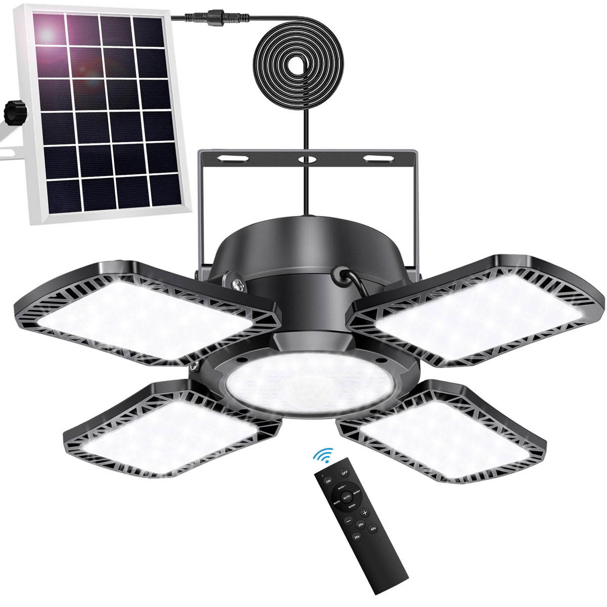 Auzev solar shed light with 176-LED panel illuminates a workspace.