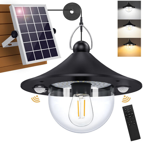 Auzev solar shed light pendant installed outdoors for all-season illumination.
