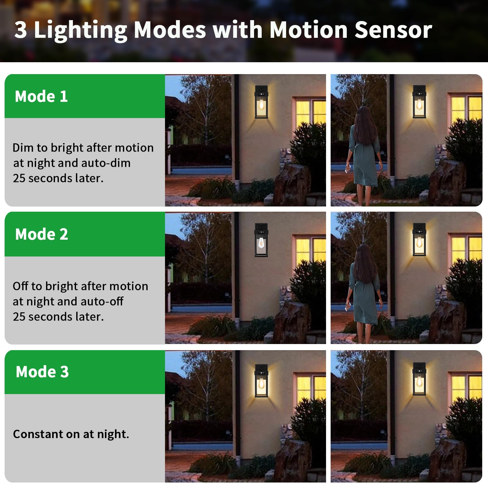 Auzev exterior wall sconce beside the garage offering night security lighting.