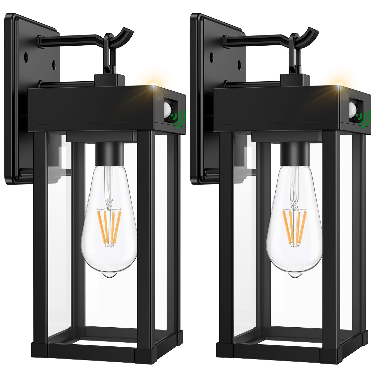 Auzev two-pack solar wall light front view with dusk-to-dawn sensor for outdoor entry.