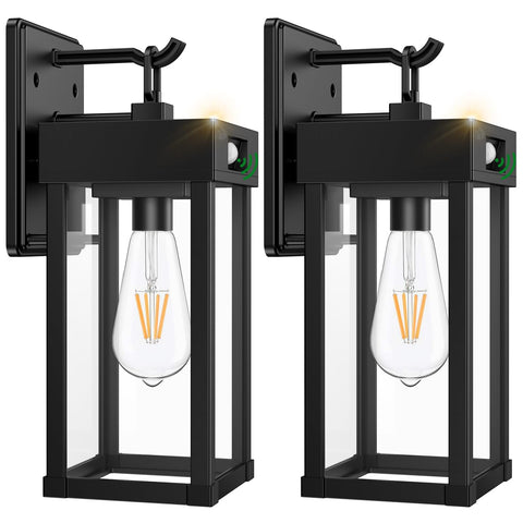 Auzev two-pack solar wall light front view with dusk-to-dawn sensor for outdoor entry.