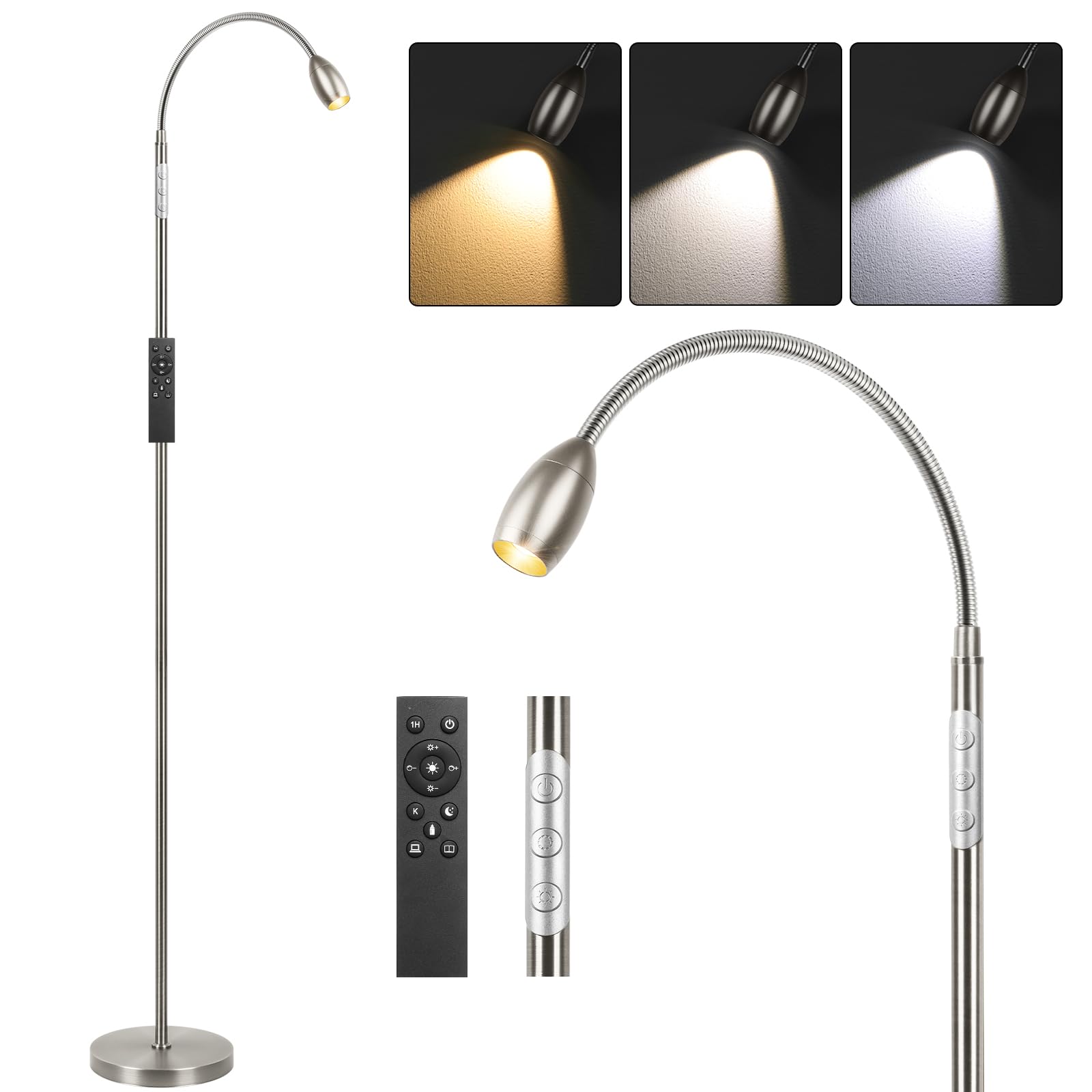 AUZONIMICS Reading Floor Lamp, 72-inch tall, brushed nickel, ideal for seating areas and desks.