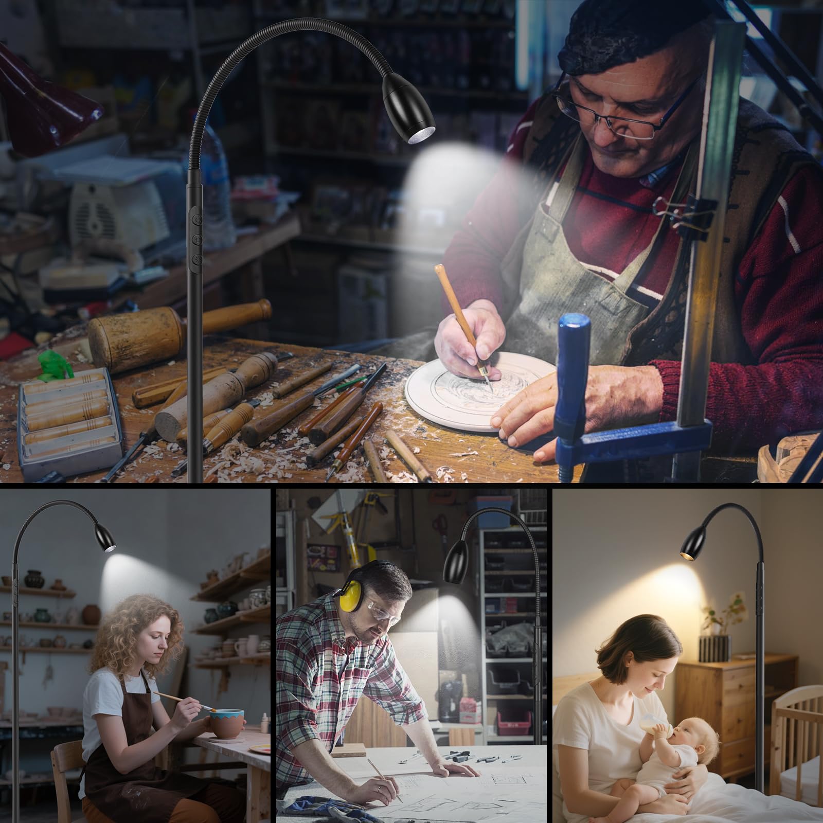 AUZONIMICS Reading Floor Lamp beam options from wide to focused for crafts and puzzles.
