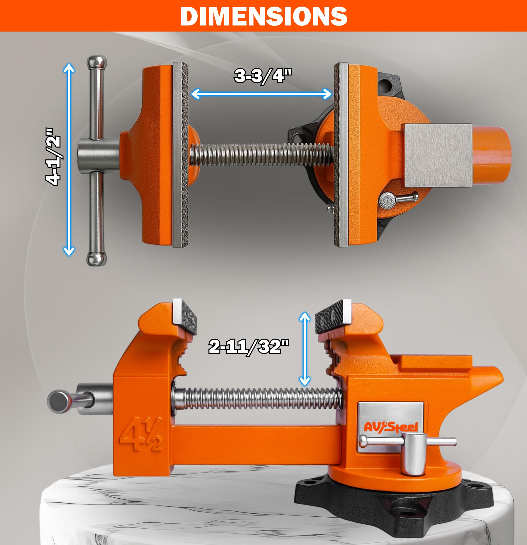 AV Steel bench vise with integrated anvil for light hammering.