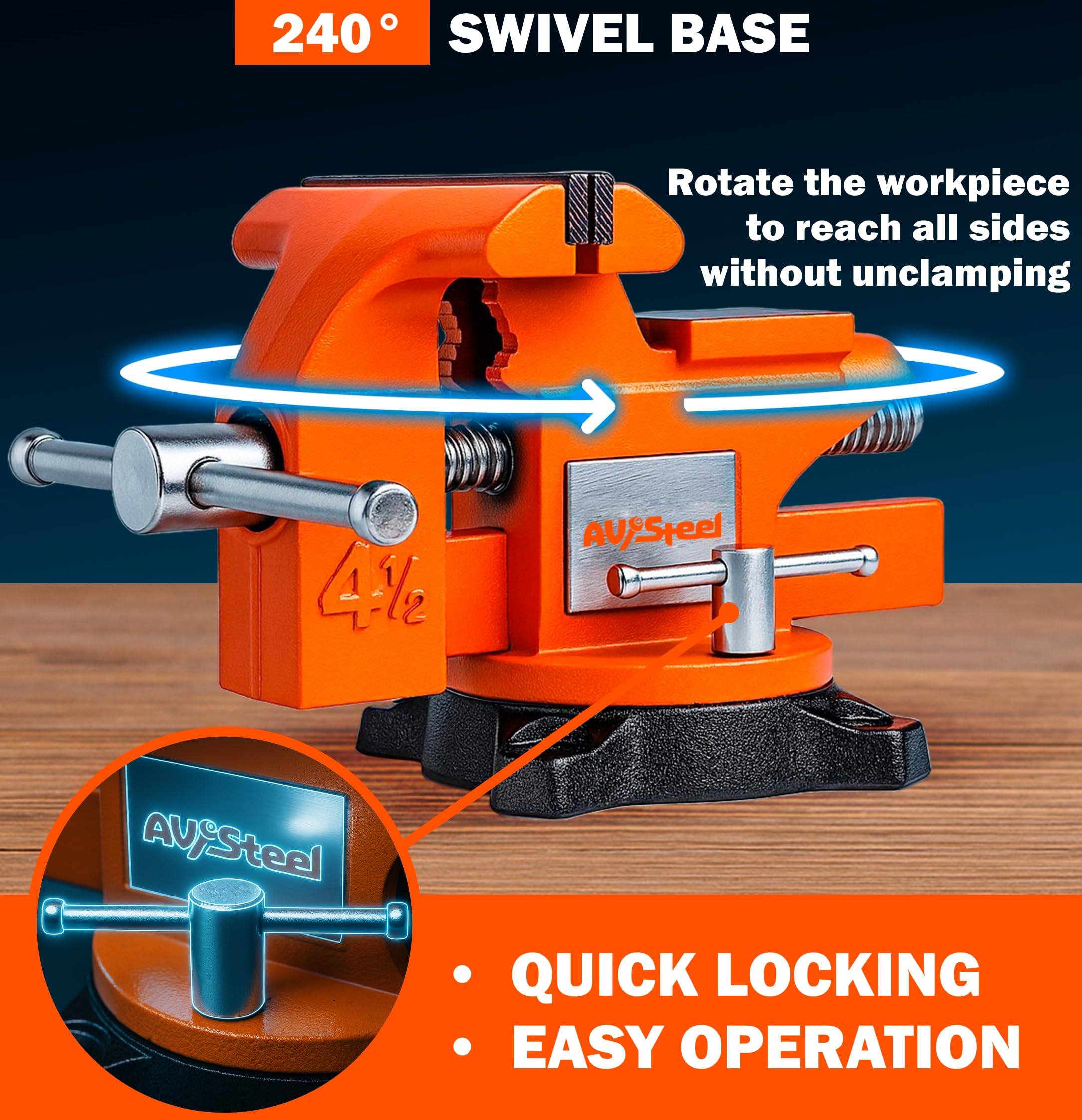 AV Steel bench vise delivers up to 2250 lb clamping force.