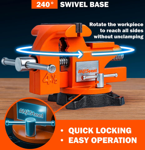AV Steel bench vise delivers up to 2250 lb clamping force.