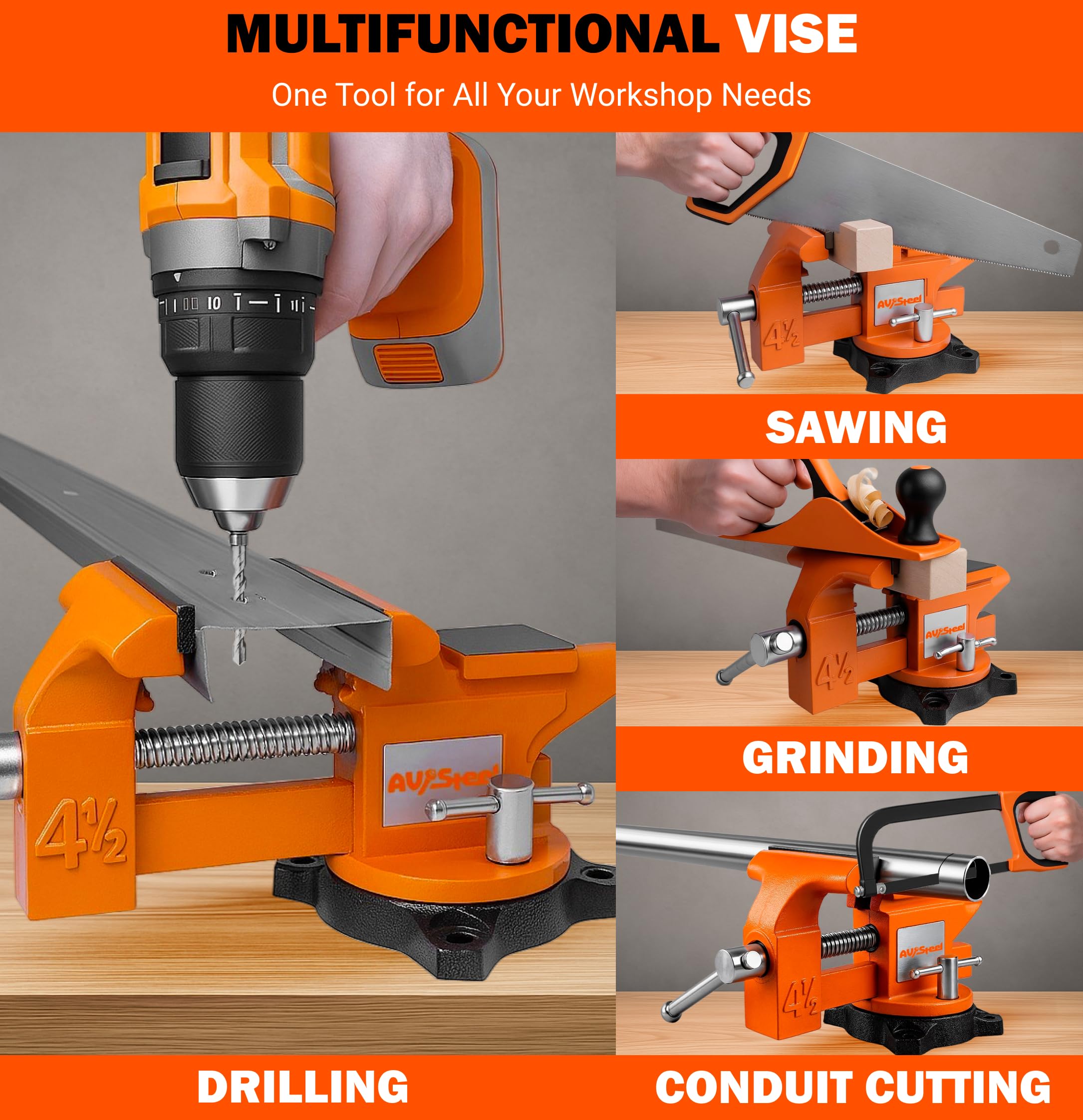 Close-up of mounted vise on workbench shows sturdy mounting.
