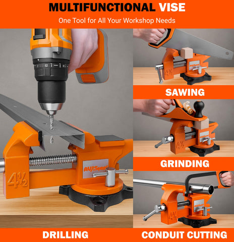 Close-up of mounted vise on workbench shows sturdy mounting.