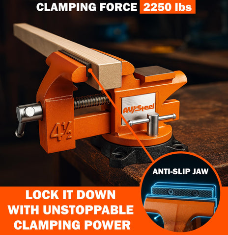 AV Steel bench vise featuring pipe jaws for round stock.