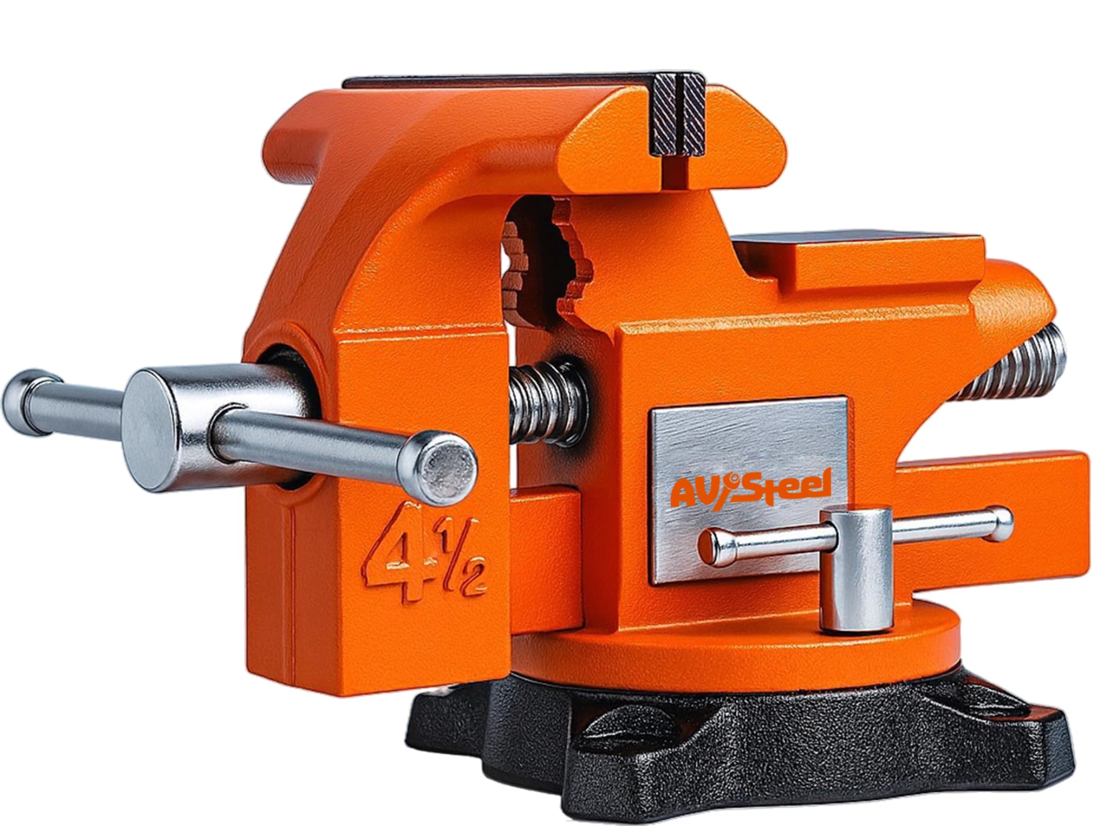 AV Steel bench vise with swivel base enables flexible positioning.