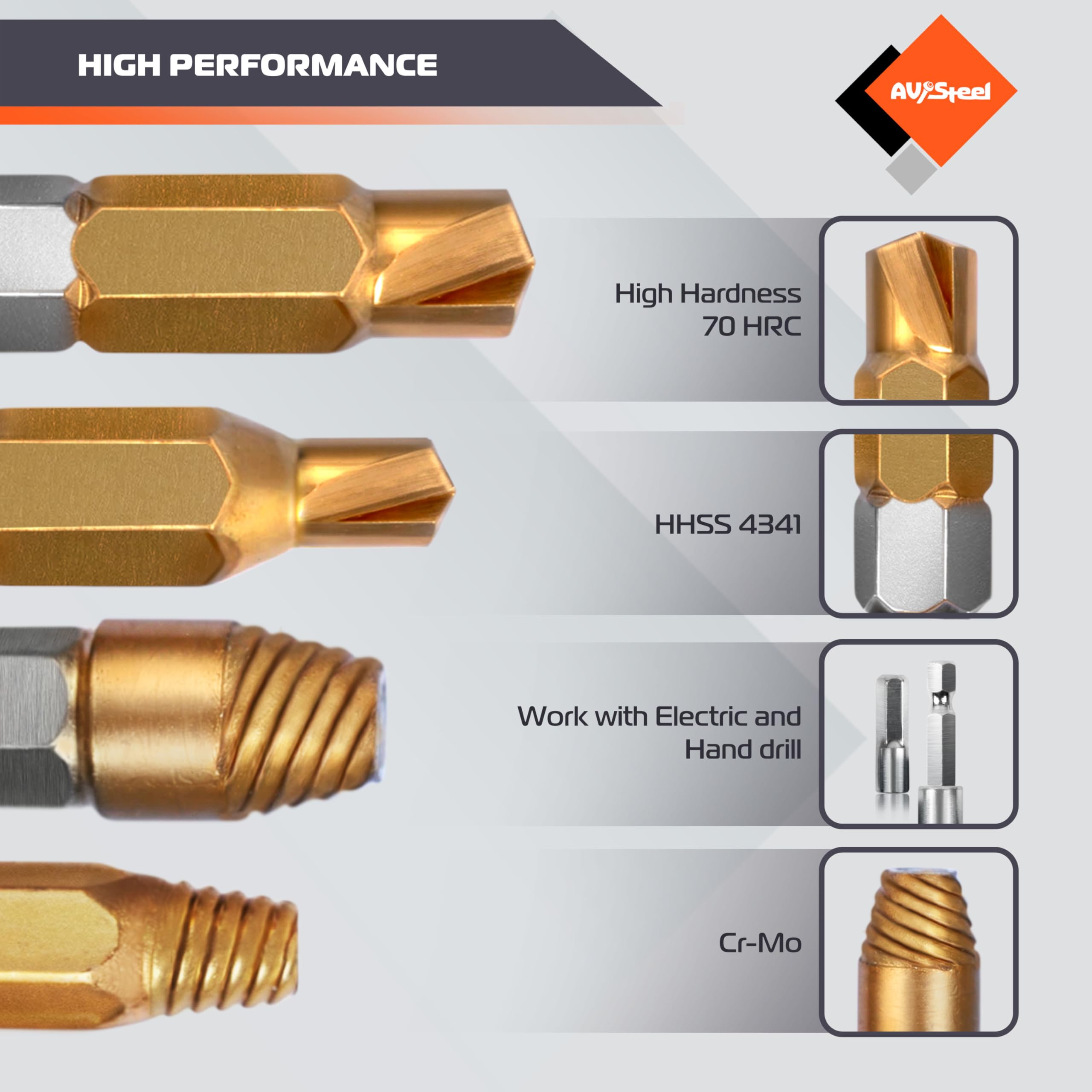 Close-up of drill bits and extractors laid out by size